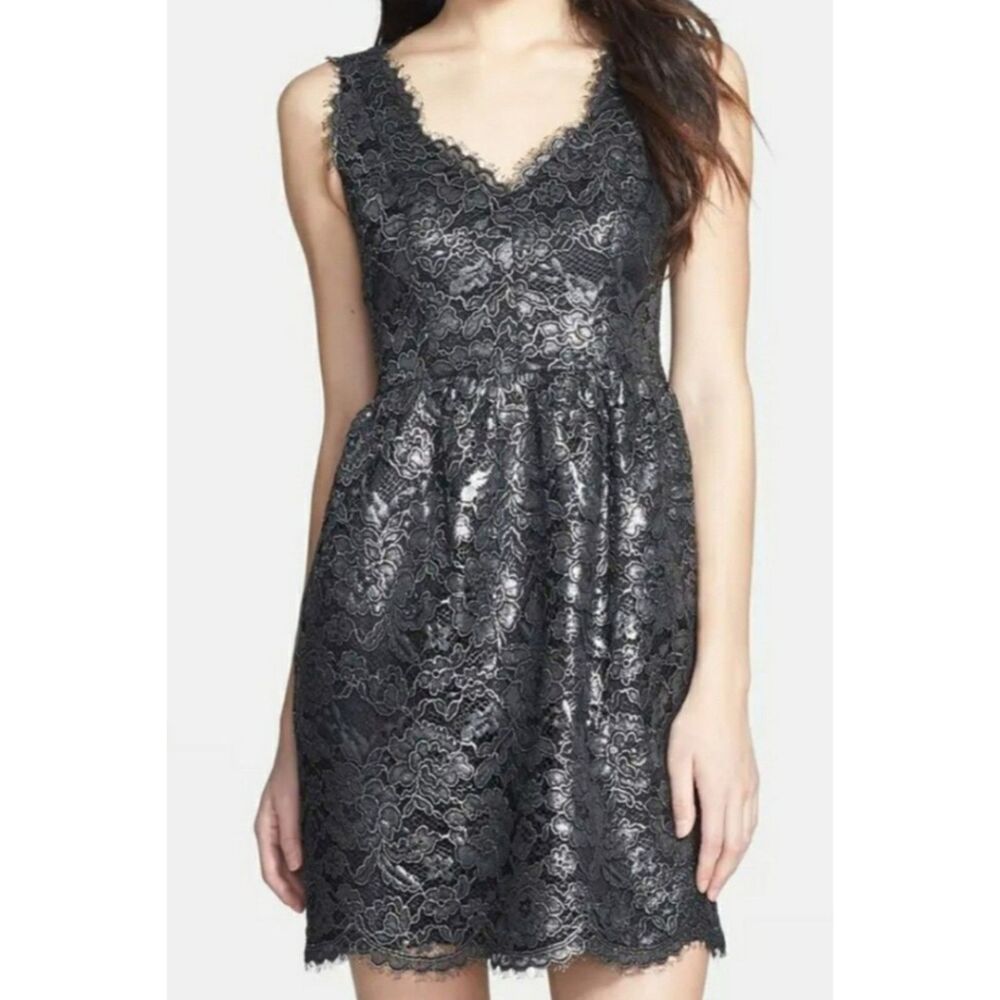 Shoshanna Sierra Foiled Shimmery Sleeveless Mini Dress Silver Metallic Size 12